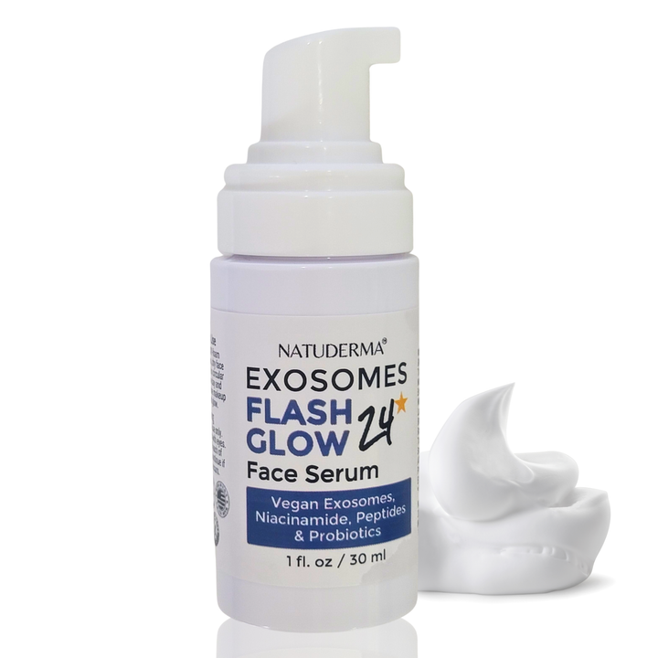 Natuderma Exosomes Flash Glow 24 Face Serum bottle with a pump and a sample of the serum on a white background
