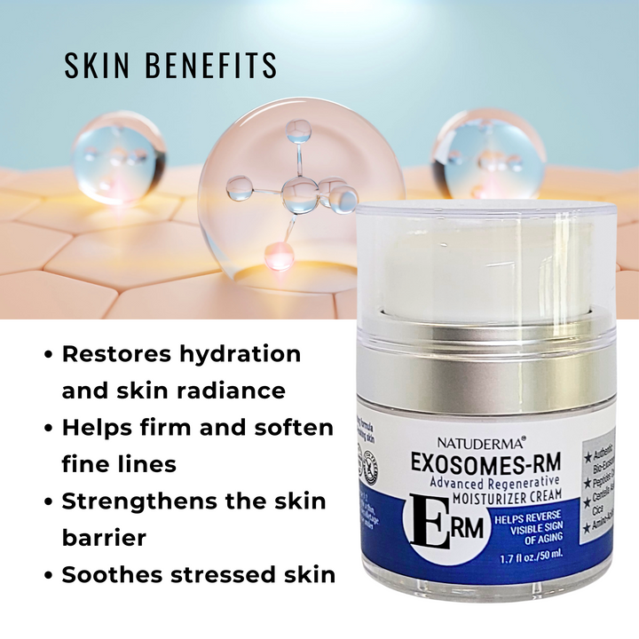 Natuderma Exosomes-RM moisturizer cream with skin benefits listed on a light blue background. Anti aging cream with exosomes for face