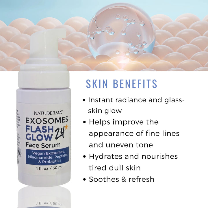 Natuderma Exosomes Flash Glow 24 Face Serum bottle with skin benefits text on a textured background