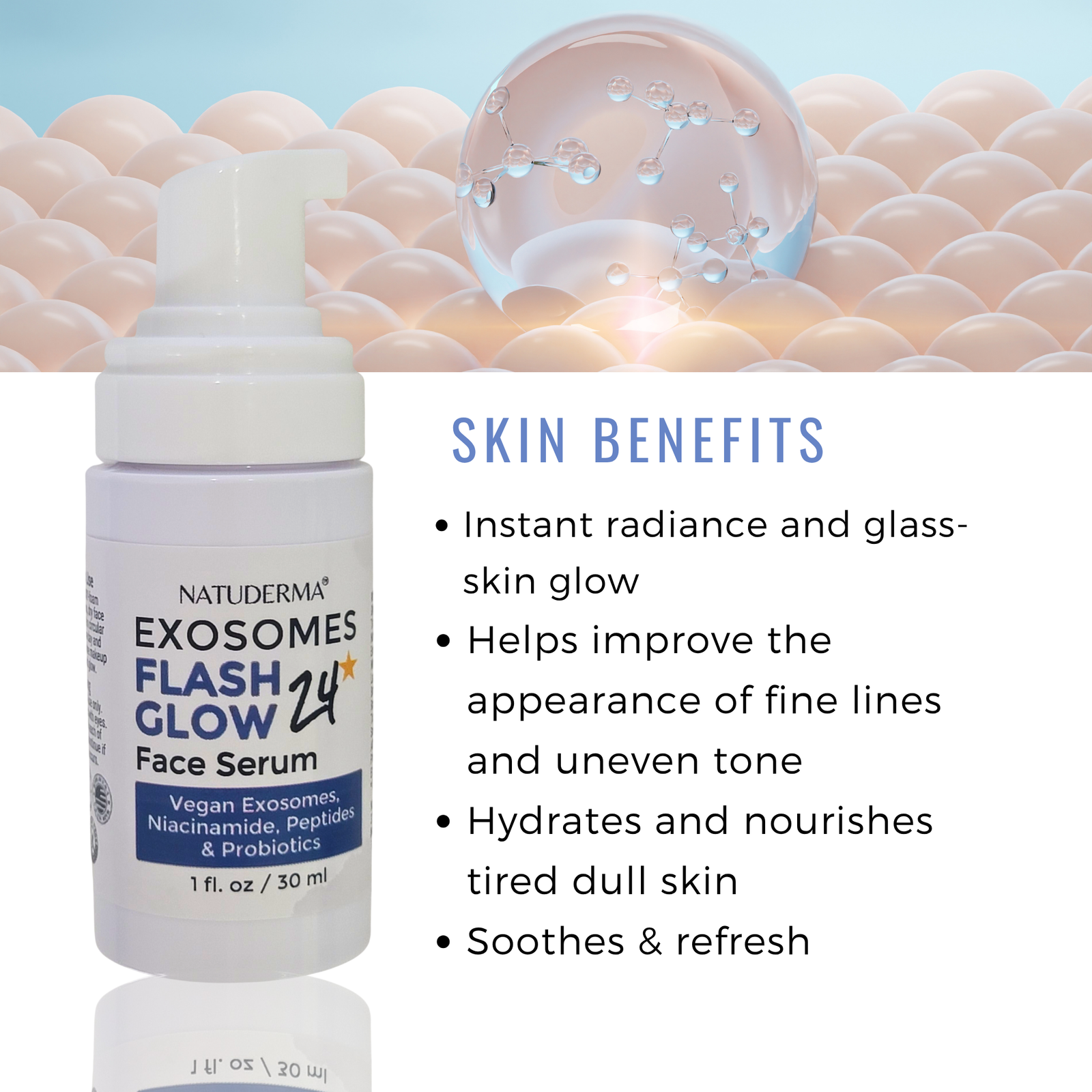 Natuderma Exosomes Flash Glow 24 Face Serum bottle with skin benefits text on a textured background