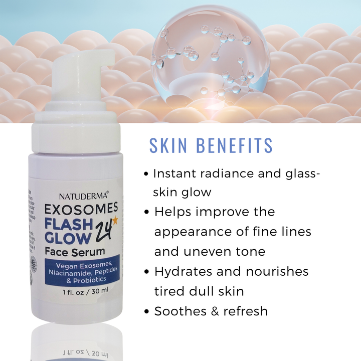 Natuderma Exosomes Flash Glow 24 Face Serum bottle with skin benefits text on a textured background