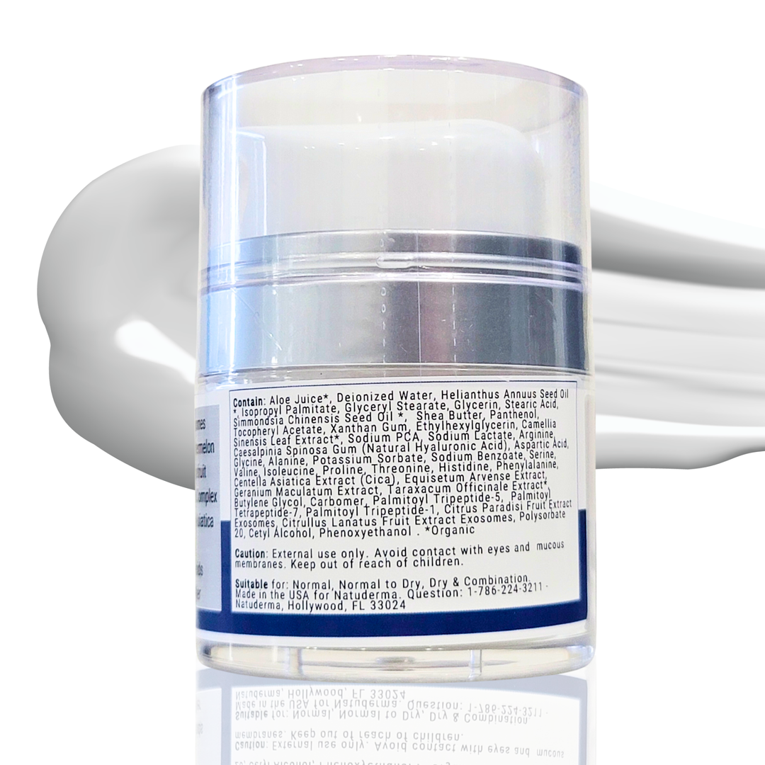 Natuderma Exosome Cream with ingredients list label on a white background