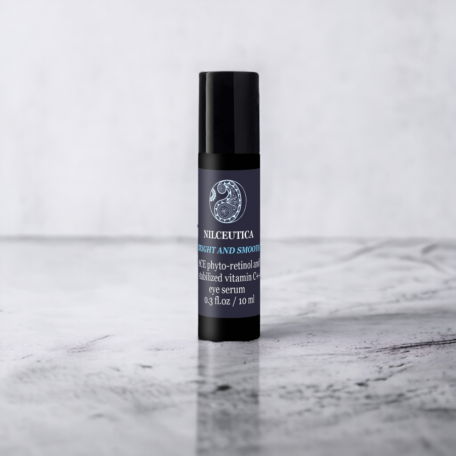 Nilceutica dark circles, puffiness, and wrinkle, black roll-on serum on gray background 