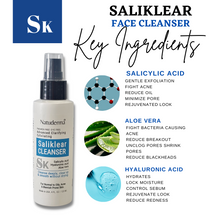 Face Cleanser for oily skin, Saliklear by Natuderma. Face wash for pimples and acne.  Natural skincare cleanser.Key Ingredients. Salicylic Acid, Aloe Vera and Hyaluronic Acid. 4 oz bottle.