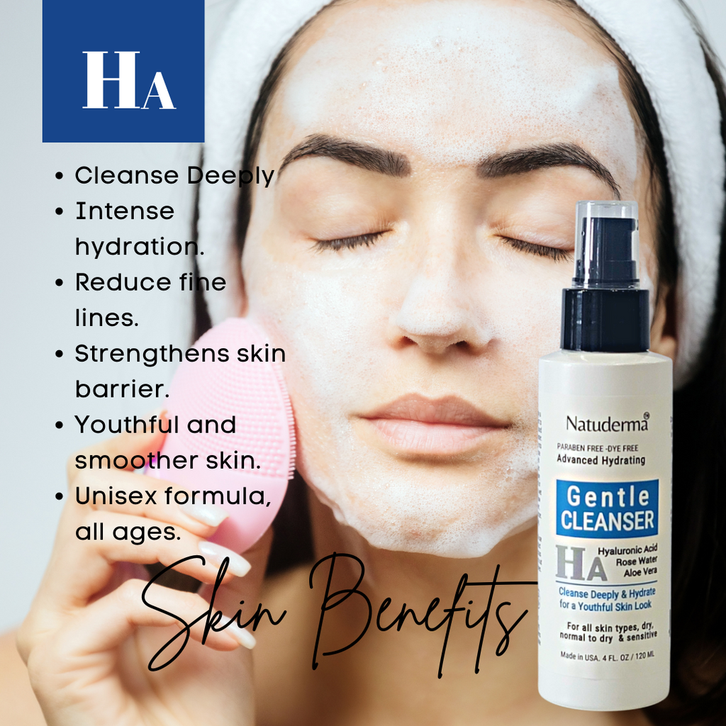 Hydrating face wash with hyaluronic Acid and Rose water. Gentle facial cleanser, natural skin care.