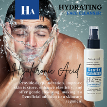 Hydrating face wash with Hyaluronic Acid. Compare with Hydra Boost. Men washing his faces with Natuderma gentle cleanserr.