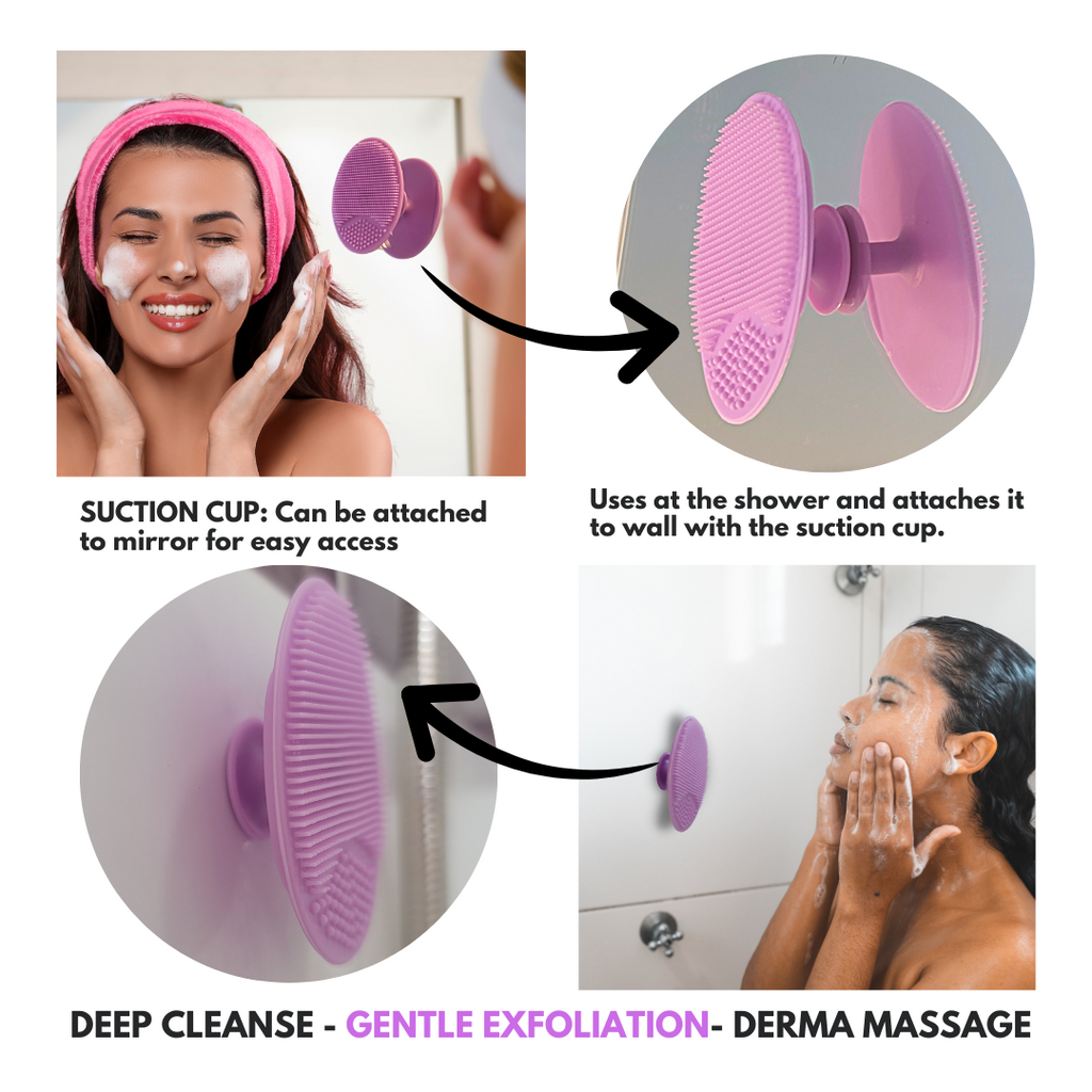 Pink Headband - Natuderma Deluxe Ultrasoft Headband for Makeup and Washing Face, 2 Soft Silicone Facial Cleansing Brush for Deep Cleansing and Unclog Pores, attaches to mirror and shower wall.