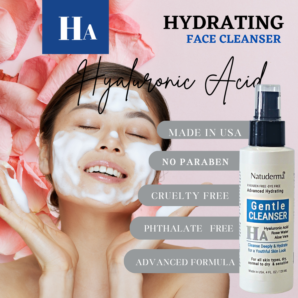 Hydrating Face wash made in USA, No paraben. Woman washing her face with Natuderma gentle cleanser.