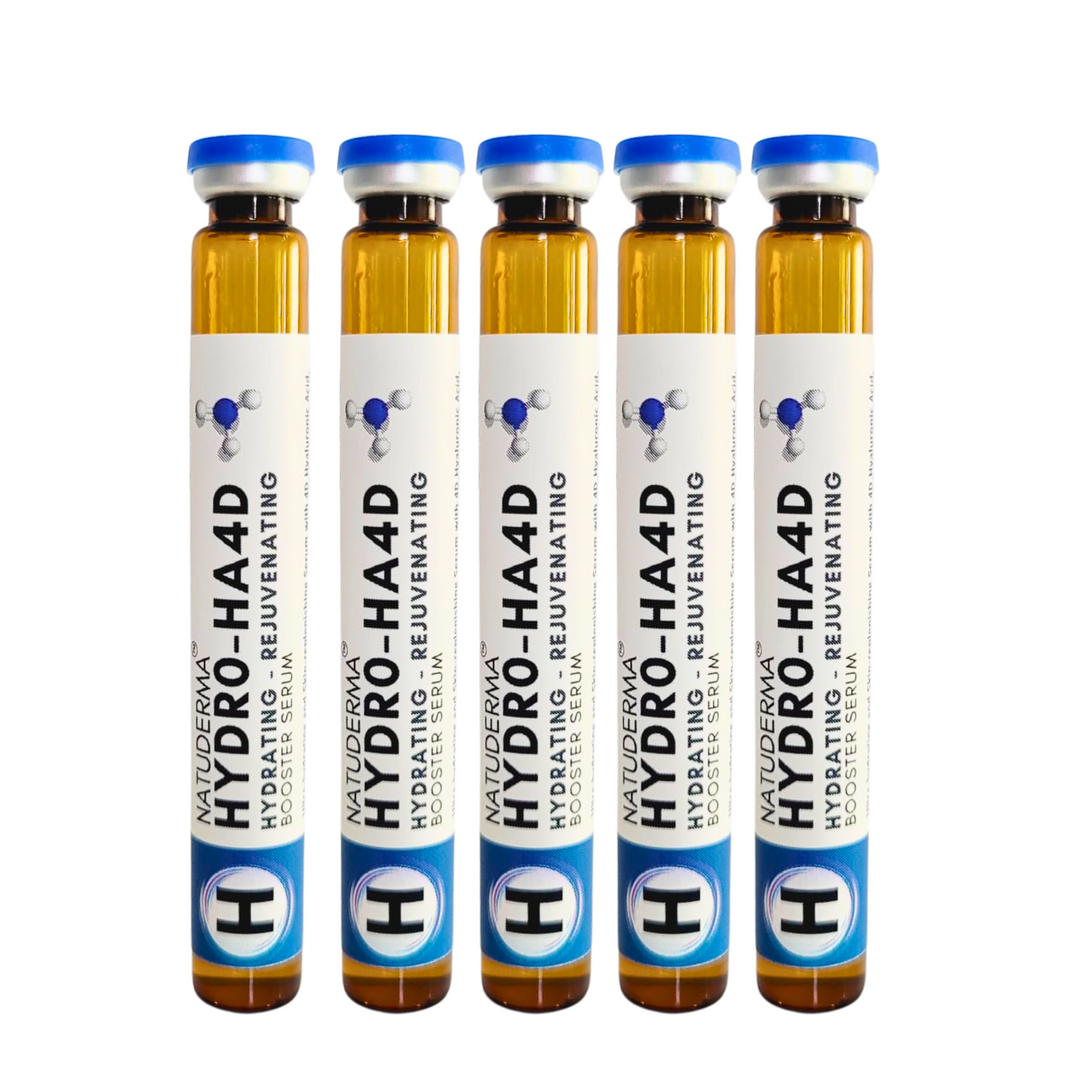 Natuderma 5 vials of 9 ml of Professional skin booster for rejuvenating facial and hydrodermabrasion treatments, designed to hydrate, brighten, and rejuvenate the skin with Hyaluronic Acid 4D.