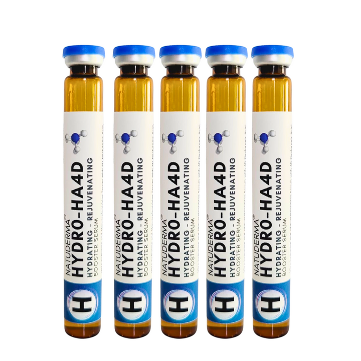 Natuderma 5 vials of 9 ml of Professional skin booster for rejuvenating facial and hydrodermabrasion treatments, designed to hydrate, brighten, and rejuvenate the skin with Hyaluronic Acid 4D.