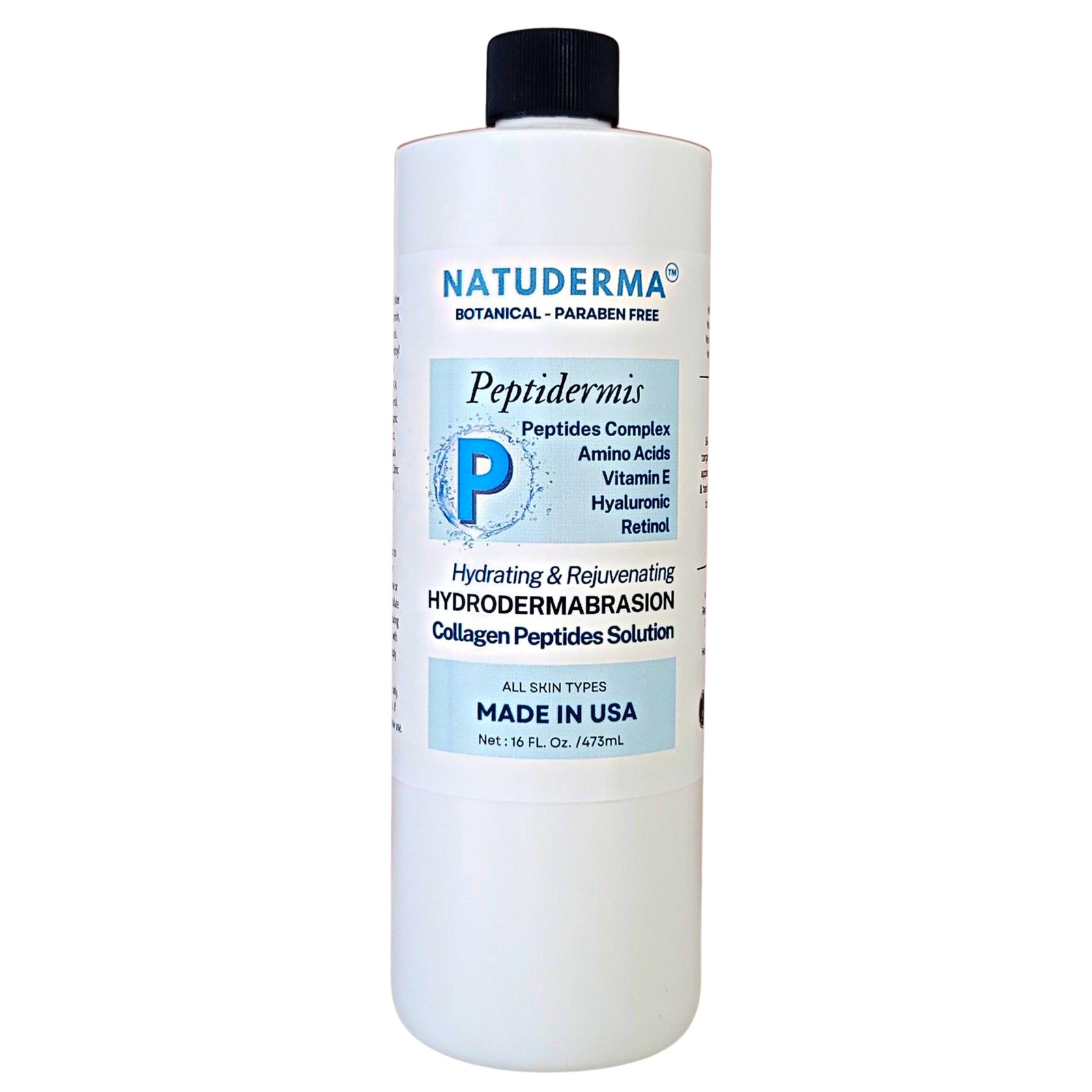 Hydrodermabrasion solution and oxygen infusion serum, Peptidermis Collagen Boost , made in USA by Natuderma, with Hyaluronic Acid and Peptides