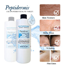 Hydrodermabrasion serum and oxygen infusion solution Peptidermis, target skin tecture, skin tone, wrinkles and fine lines, made in USA by Natuderma