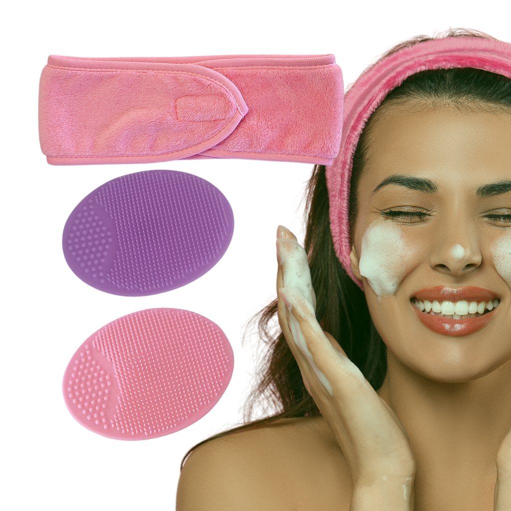 Spa Headband and Silicone Face Brush - Pink Skincare Headband with