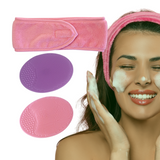 Diadema de spa y cepillo facial de silicona - Diadema rosa para el cuidado de la piel con depurador facial de silicona