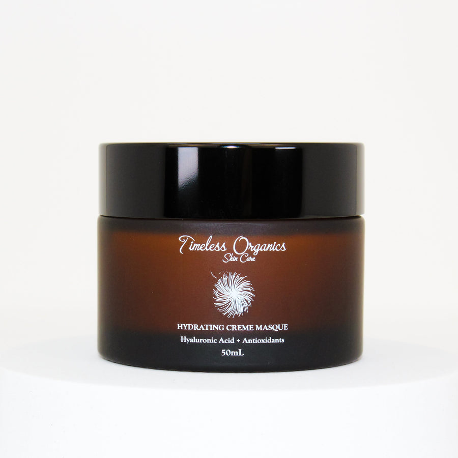 Brown jar of Timeless Organics Hydrating Creme Masque on a white background