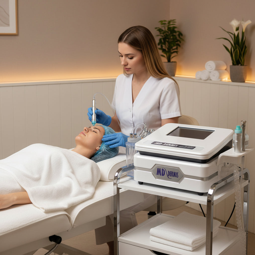 Woman receiving a facial treatment in a spa setting with MD Dermis hydrofacial machine .