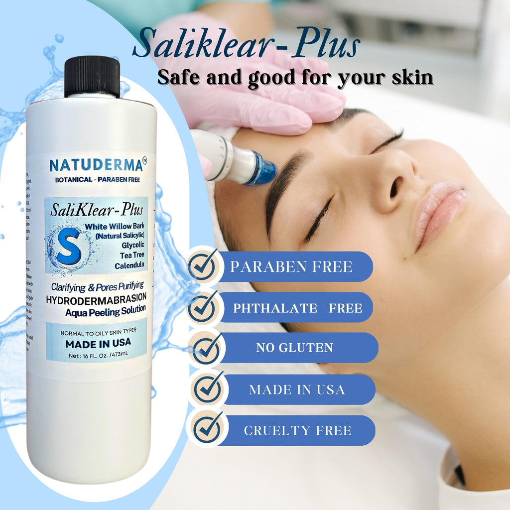 Hydrodermabrasion Serum Saliklear Plus by Natuderma, for exfoliation and extraction step, paraben free, no gluten, made in USA.