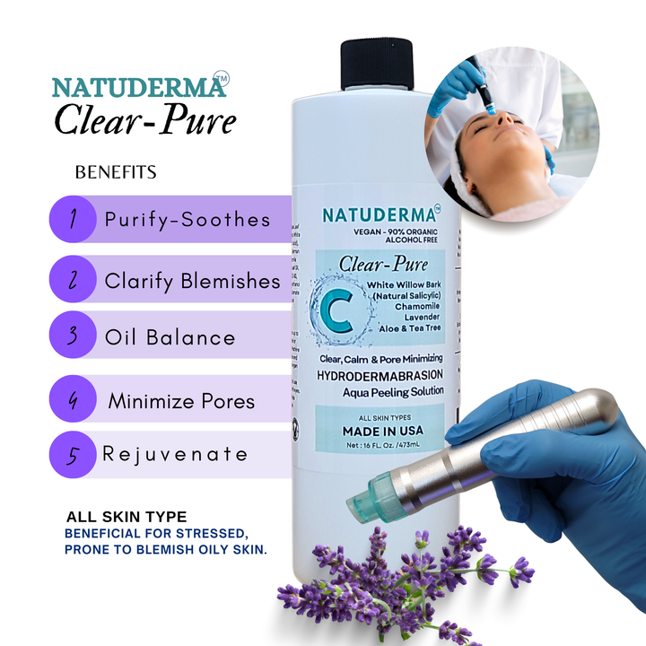 Natuderma Clear-Pure skincare product with benefits listed and a close-up of a person receiving treatment.