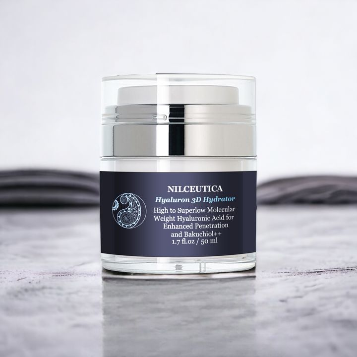Face and neck cream serum with peptides pump jar y white and blue background 