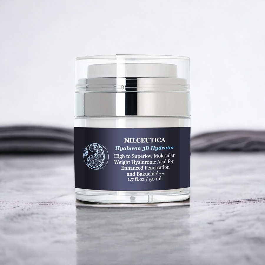 Face and neck cream serum with peptides pump jar y white and blue background 