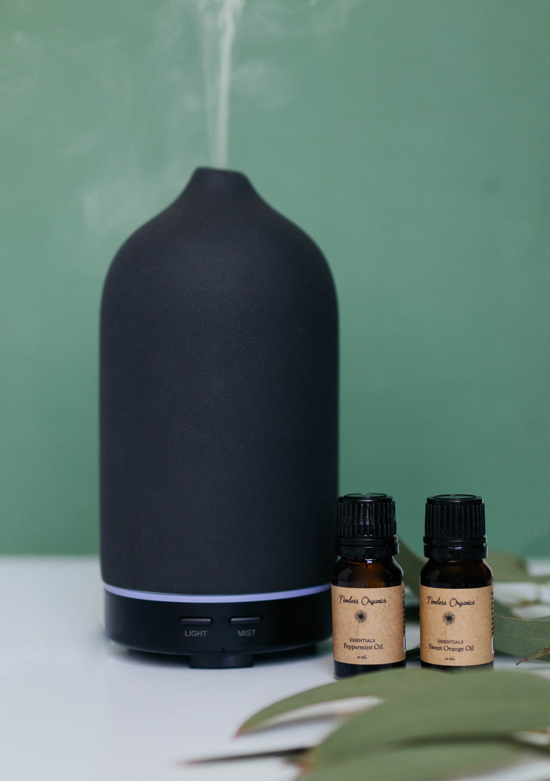 Black diffuser and bottles with labels on a light surface against a green background