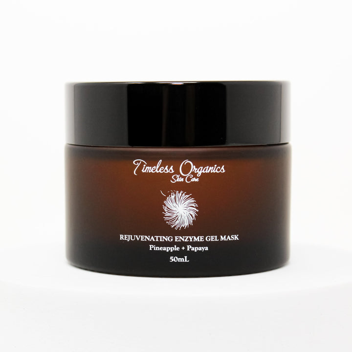 Brown jar of Timeless Organics Rejuvenating Enzyme Gel Mask on a white background