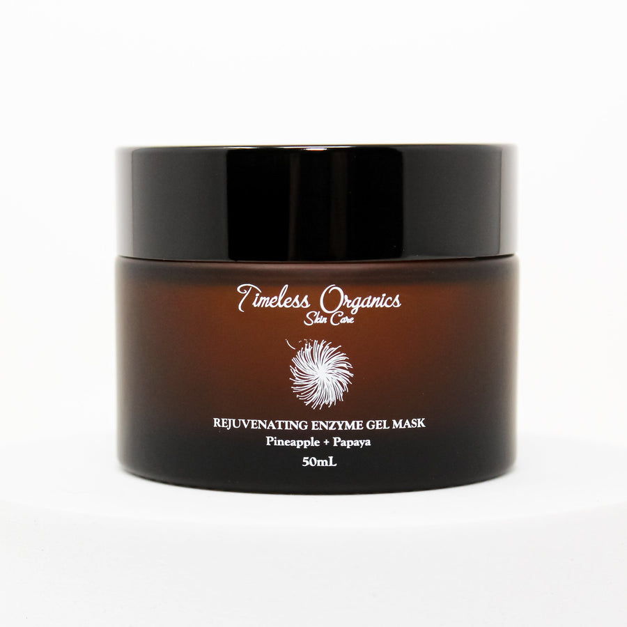 Brown jar of Timeless Organics Rejuvenating Enzyme Gel Mask on a white background