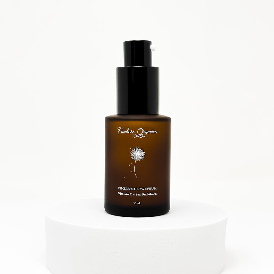 Timeless glow serum brown bottle with black cap on a white background, antiaging skincare