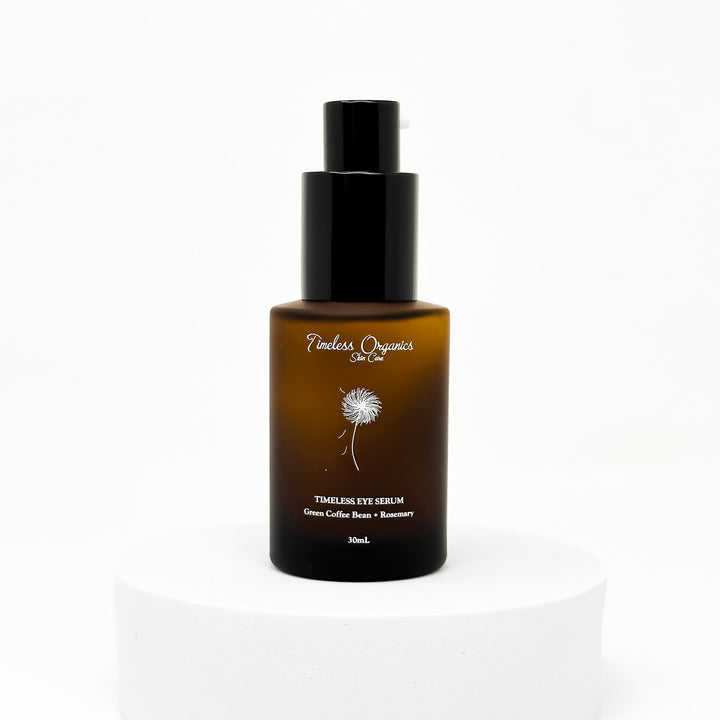 Skincare organic anti-aging serum bottle with black cap on a white background