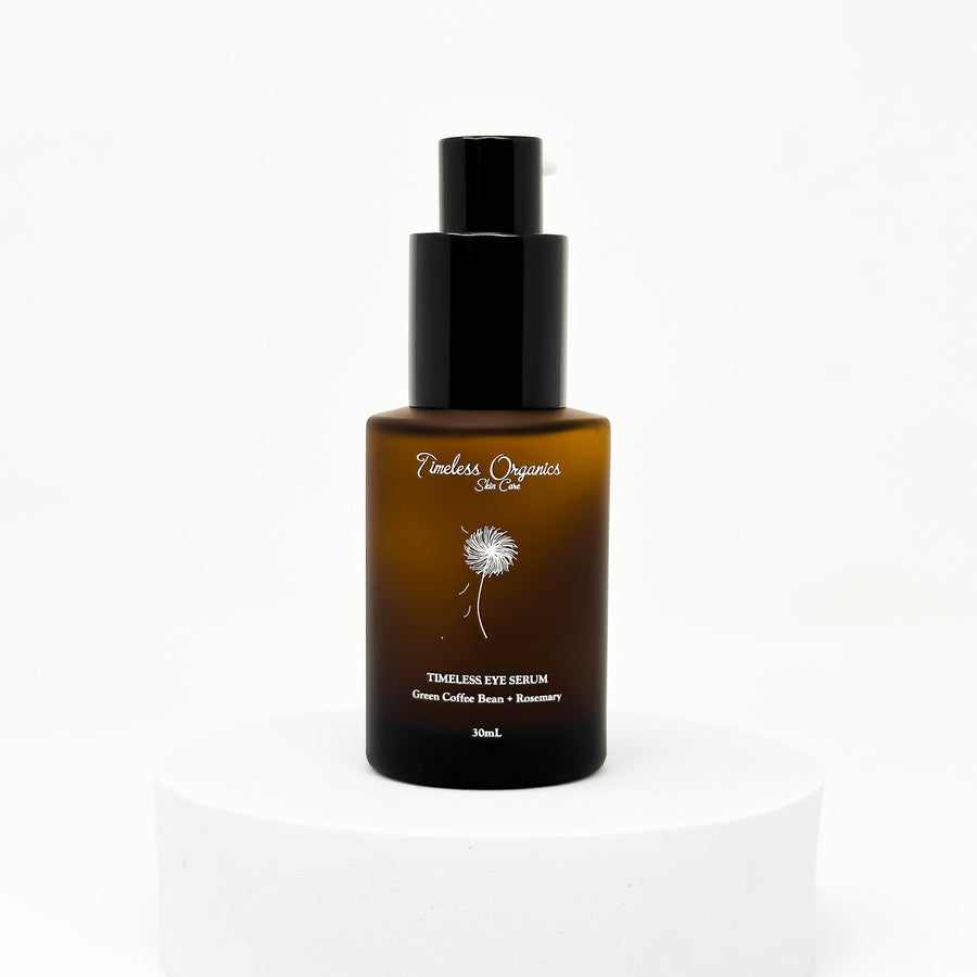 Skincare organic anti-aging serum bottle with black cap on a white background