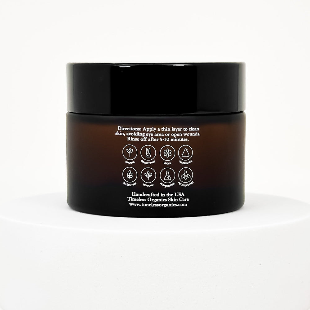 Direction of Timeless organic skin mask on Brown jar with black lid on a white background