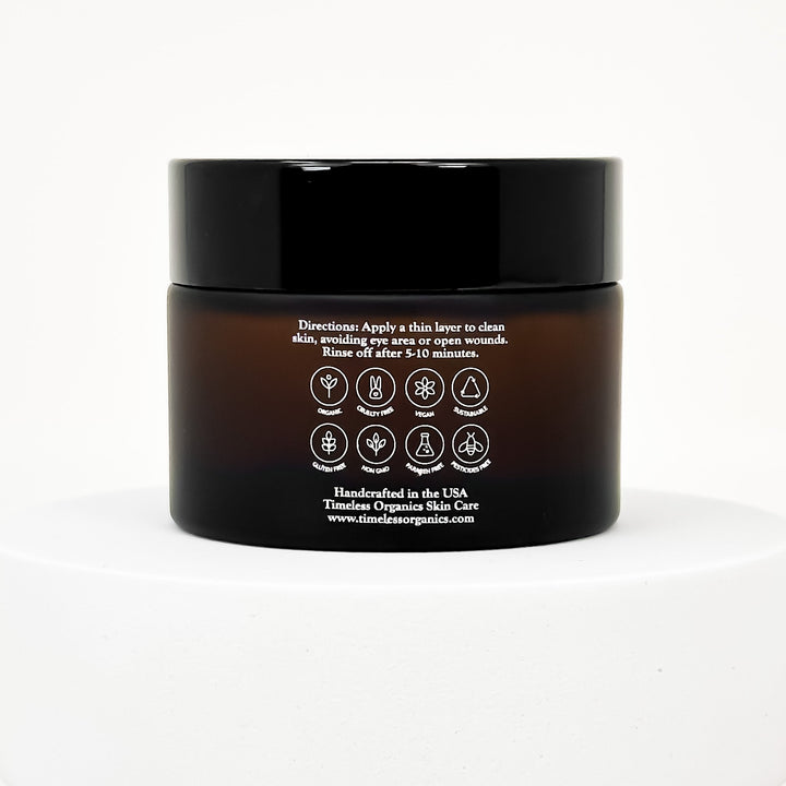 Direction of Timeless organic skin mask on Brown jar with black lid on a white background