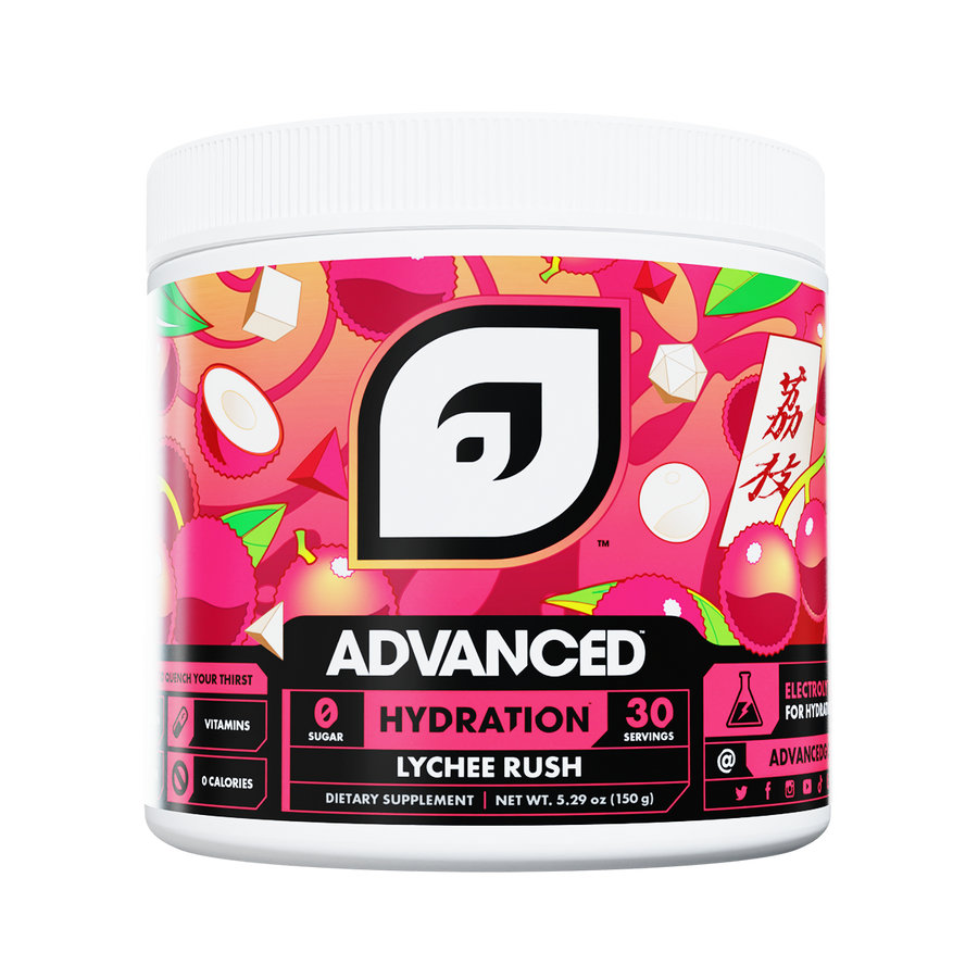 Container of Advanced Hydration Lychee Rush supplement with colorful label