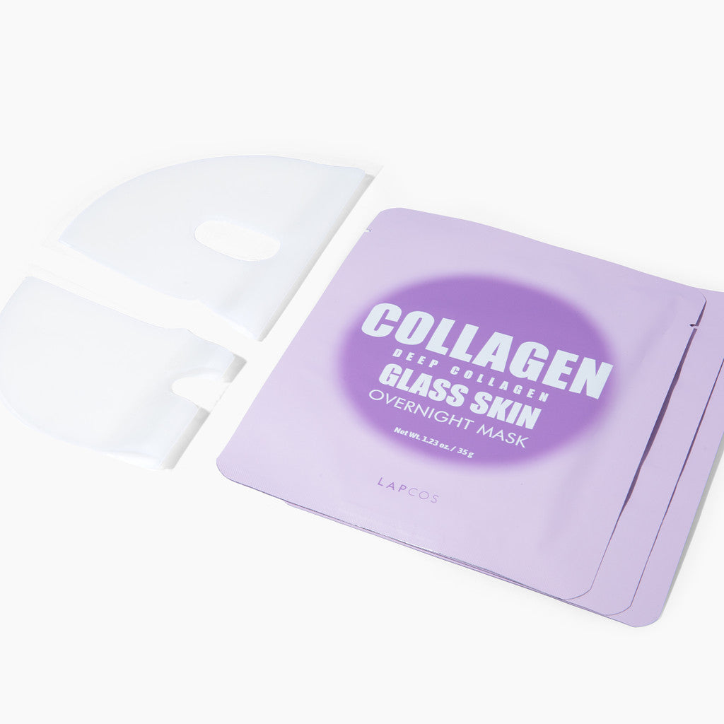 Collagen sheet mask with visible branding on a white background