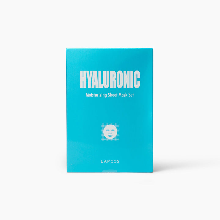 Blue packaging of a sheet mask set with 'Hyaluronic' and 'LAPCOS' branding on a white background.