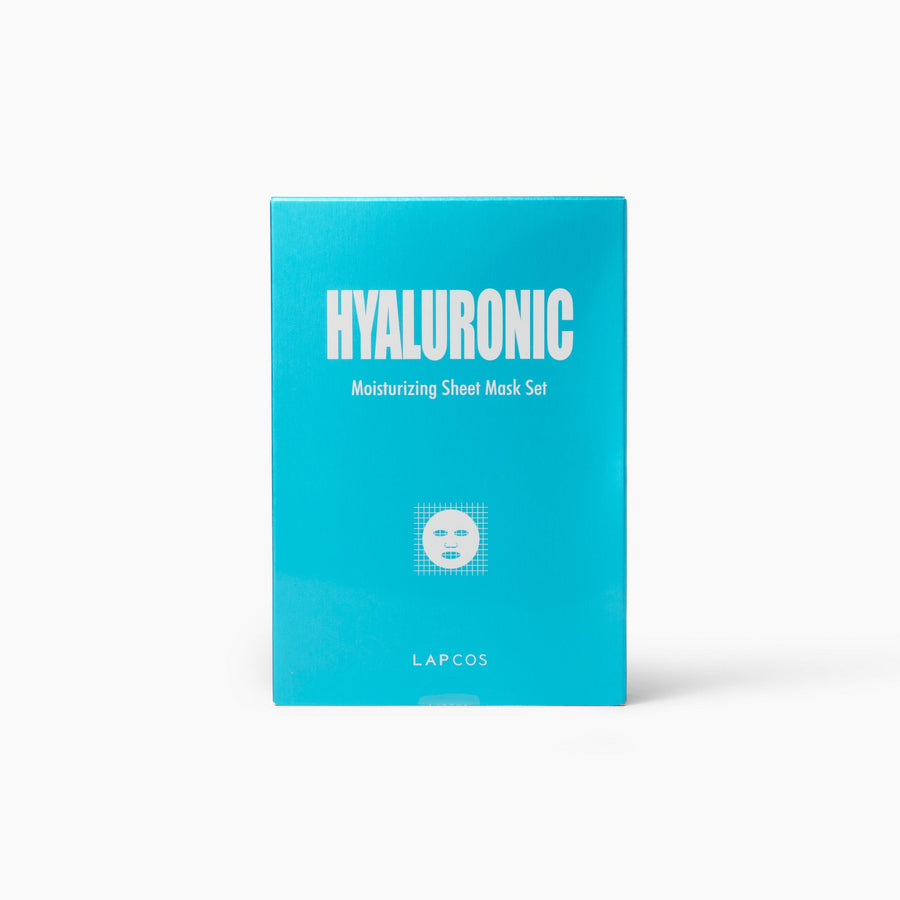Blue packaging of a sheet mask set with 'Hyaluronic' and 'LAPCOS' branding on a white background.