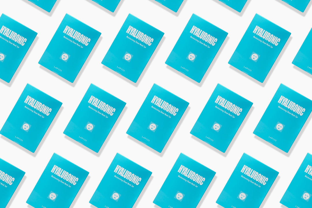 Pattern of teal boxes with 'HYALURONIC' text on a white background