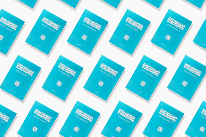 Pattern of teal boxes with 'HYALURONIC' text on a white background