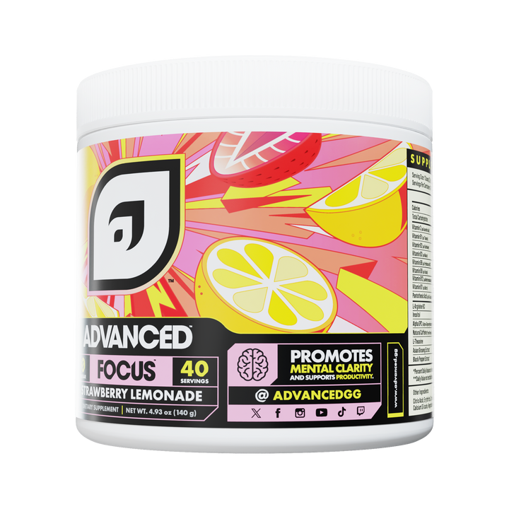 Container of Advanced Focus supplement with colorful label on a white background