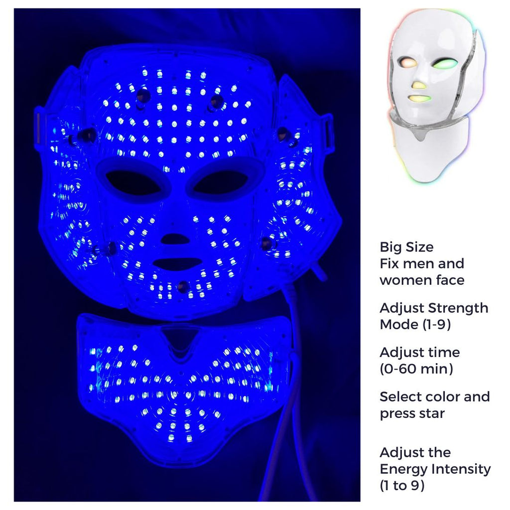 Led mask, best led therapy mask for acne, men and woman led mask, led therapy mask with 7 colors,  shown blue color best color for acne led therapy treatment , Faceluz professional led therapy mask.
