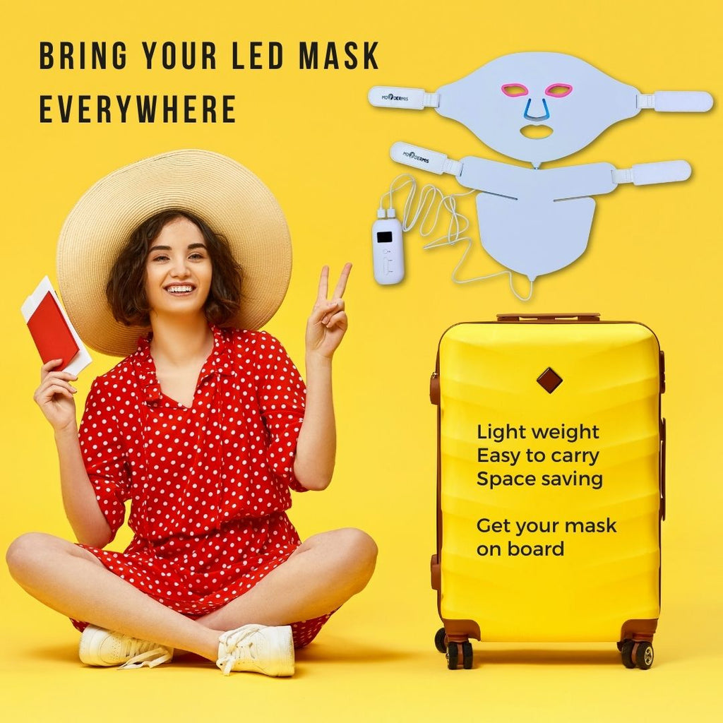 Led Mask, light therapy mask STARLUZ, bring tour mask when traveling, easy to carry on board,Silicone led light mask for face and neck, available at dermishop.com
