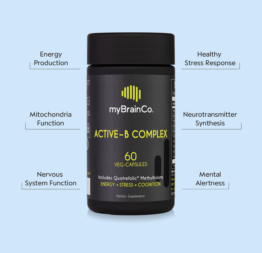 myBrainCo Active-B Complex 60 vegan capsules supplement bottle with benefits listed on a light blue background
