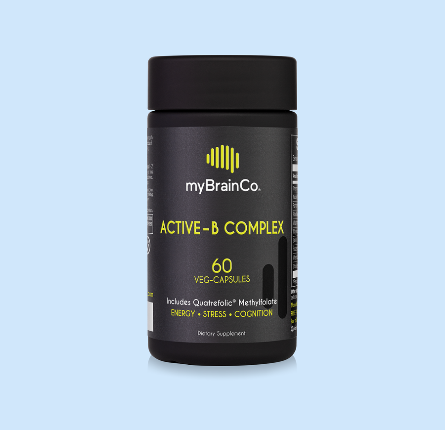 myBrainCo Active B Complex - Biotin capsules, supplement bottle on a light blue background