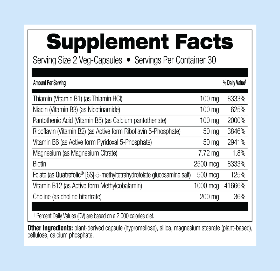 Biotin Capsules Supplement facts label with detailed nutritional information on a light blue background