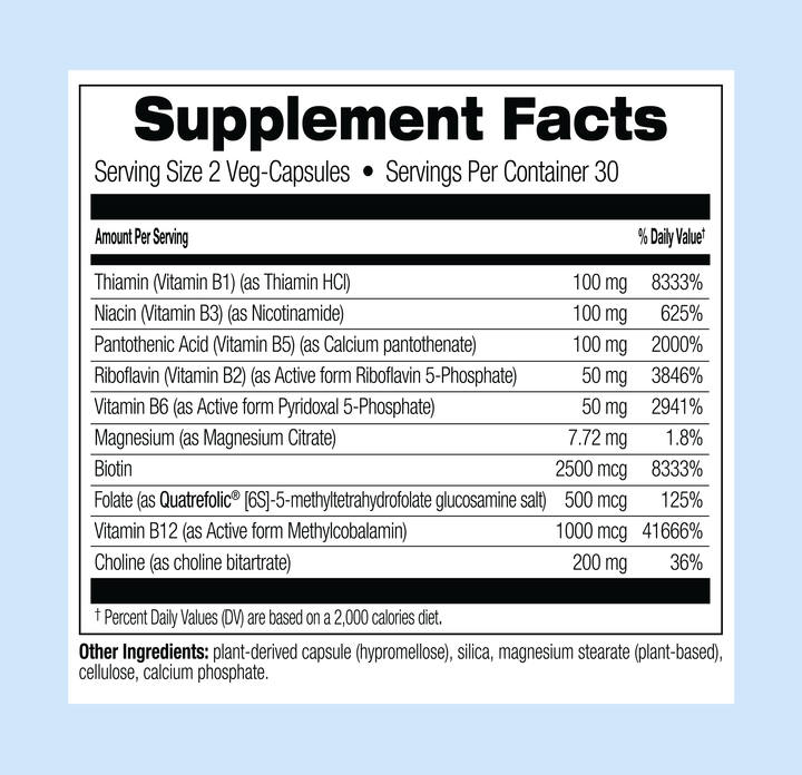 Biotin Capsules Supplement facts label with detailed nutritional information on a light blue background