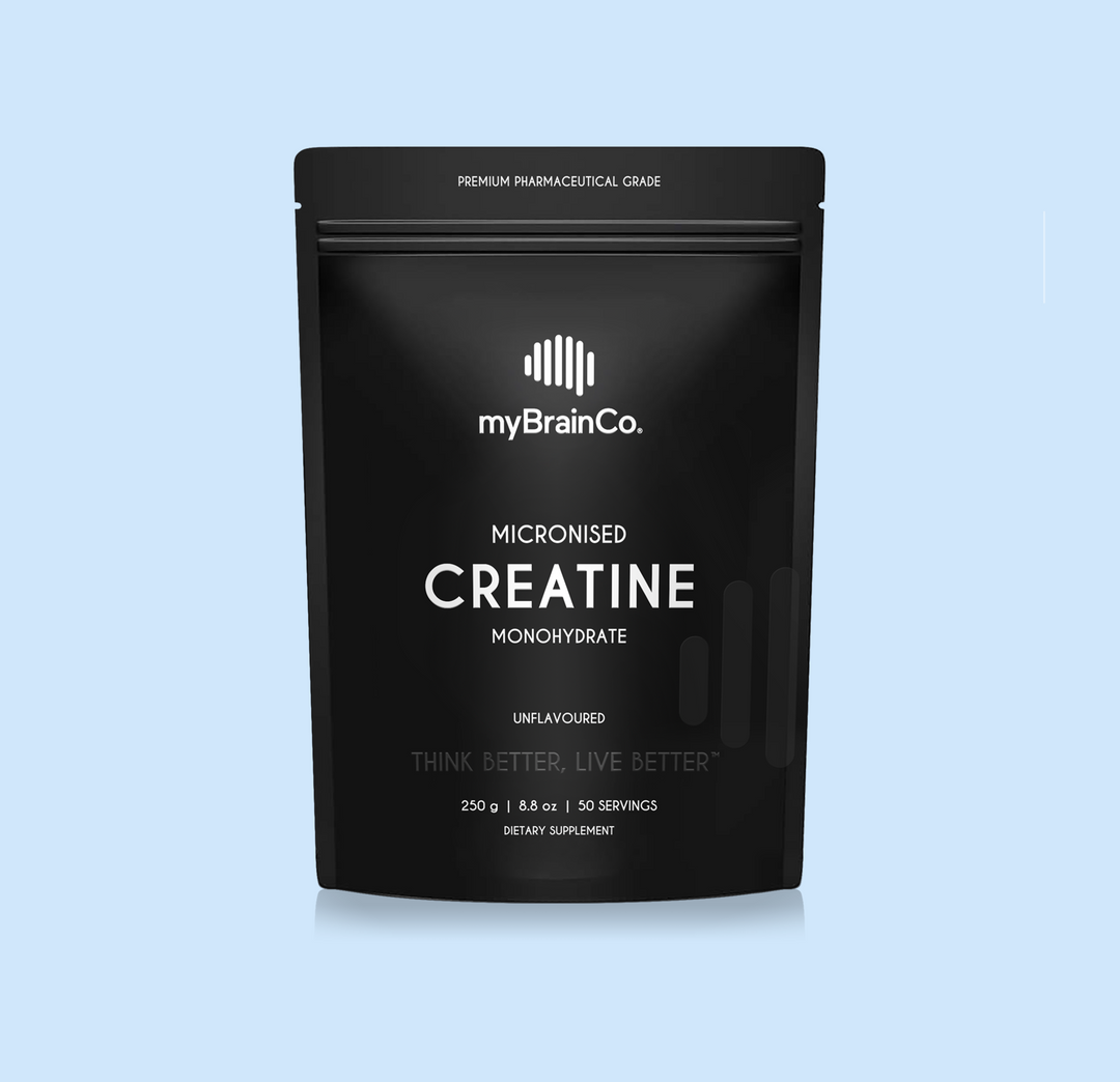 Black package of myBrainCo Micronised Creatine Monohydrate on a light blue background