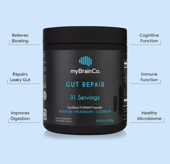 myBrainCo Gut Repair supplement container with features listed on a light blue background, said mprove digestion, repair leaky gut