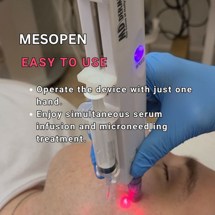 Person receiving a mesotherapy treatment with a MESOPEN device, wearing blue gloves.