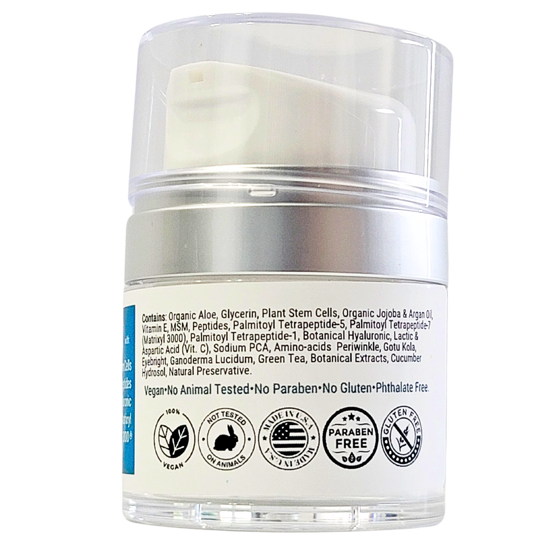 Back of bottle of the Face moisturizer for dark circles, puffiness and wrinkles with  Vitamin C, Stem Cells, Hyaluronic Acid, Cica, o Gotu Kola, and Collagen Peptides, Made in USA, Bright Eye Gel by Natuderma.