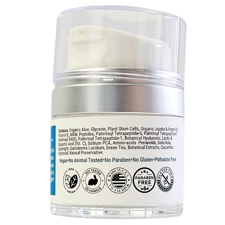 Back of bottle of the Face moisturizer for dark circles, puffiness and wrinkles with  Vitamin C, Stem Cells, Hyaluronic Acid, Cica, o Gotu Kola, and Collagen Peptides, Made in USA, Bright Eye Gel by Natuderma.